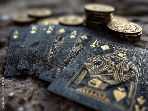Aged playing cards and gold coins on rough stone