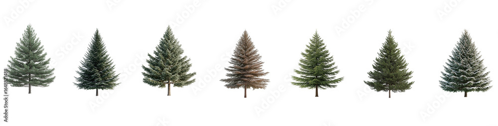 Fototapeta premium Collection of green pine and fir trees for Christmas and winter holiday cards, isolated on a transparent background. PNG