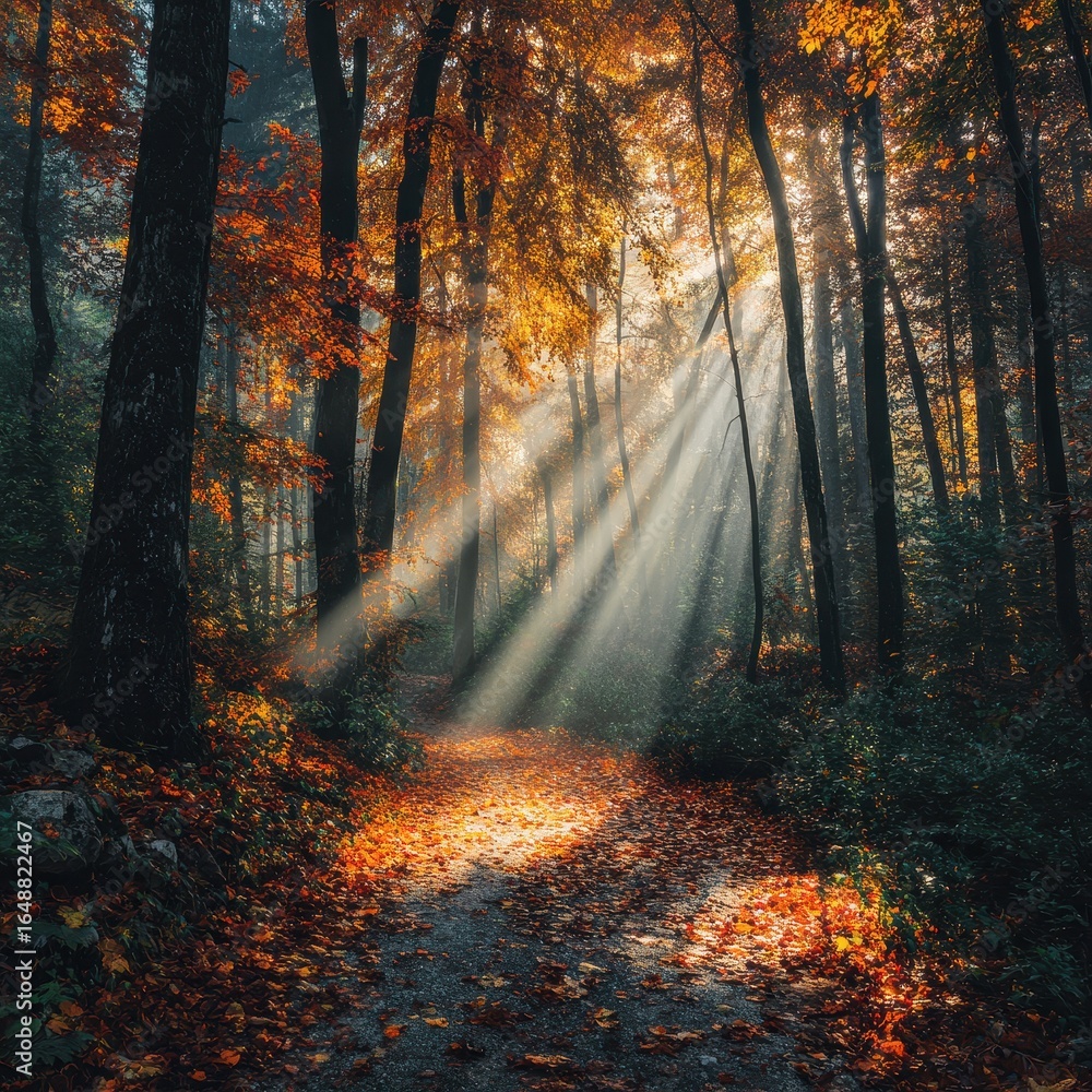 Obraz premium Autumn path, sun rays forest, misty morning, fall leaves, nature scene