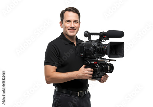 Smiling Videographer Holding Professional Camcorder, Studio Shot Against White Background isolated on transparent background
