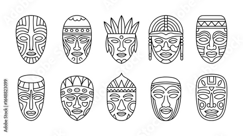 Collection of african tribal masks line art illustration