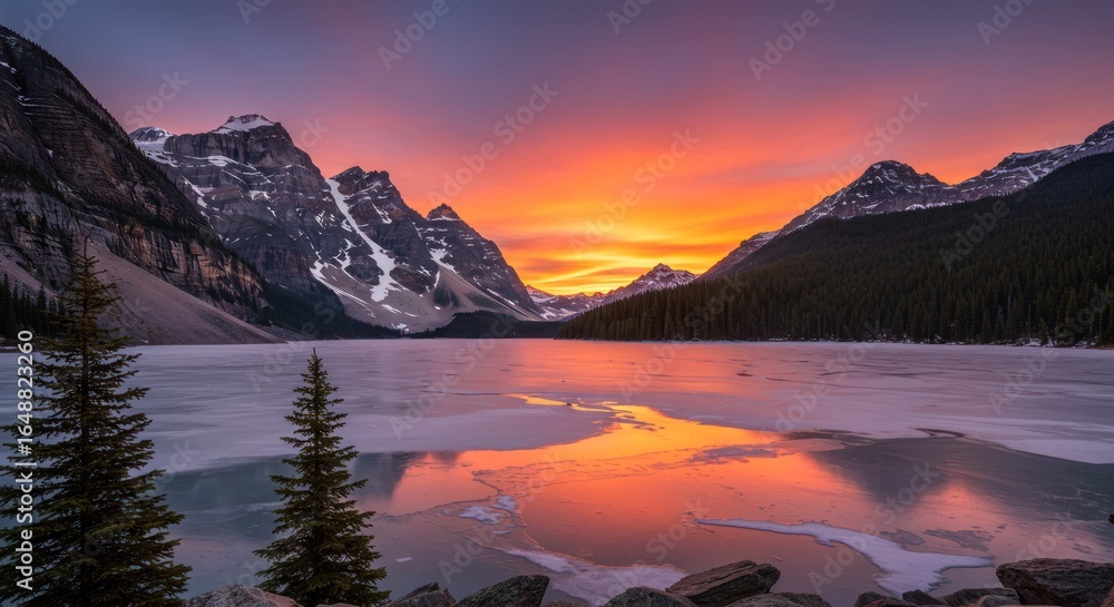 Fototapeta premium Mountain range reflects in lake at sunset with colorful sky and pine trees.