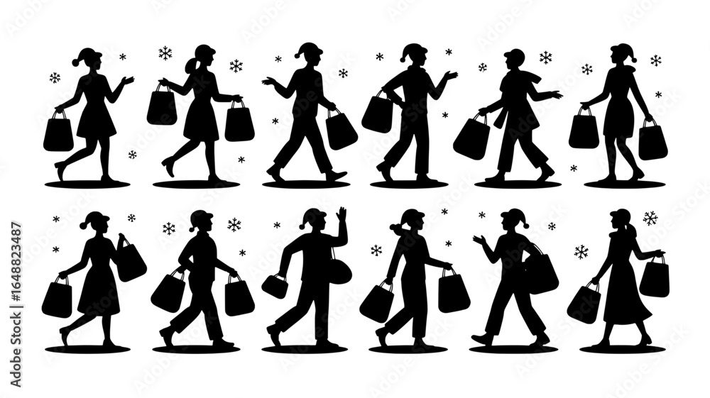 Obraz premium Collection of diverse women silhouettes with shopping bags in various poses