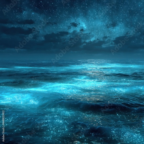 Bioluminescent ocean waves at night, starry sky, coastal city lights, travel poster