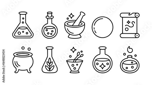 Collection of hand drawn alchemy and magic potion icons