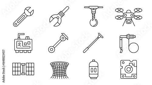 Collection of hand drawn engineering and industrial icons in a doodle style