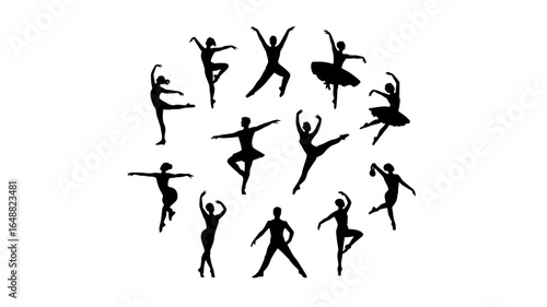 Silhouettes of ballet dancers in various poses arranged in a circle