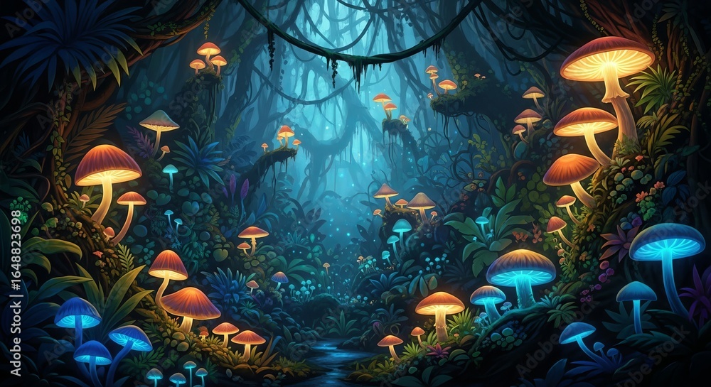 Fototapeta premium Fantasy Mushroom Jungle Wallpaper with Glowing Forest Lights in 4K.
