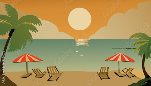 Tropical beach sunset with umbrellas and deck chairs by the sea