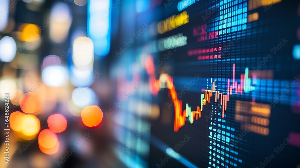 custom made wallpaper toronto digitalFinancial chart on a screen, blurred city lights in the background
