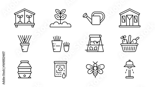 Collection of hand drawn garden icons and symbols for agriculture and horticulture