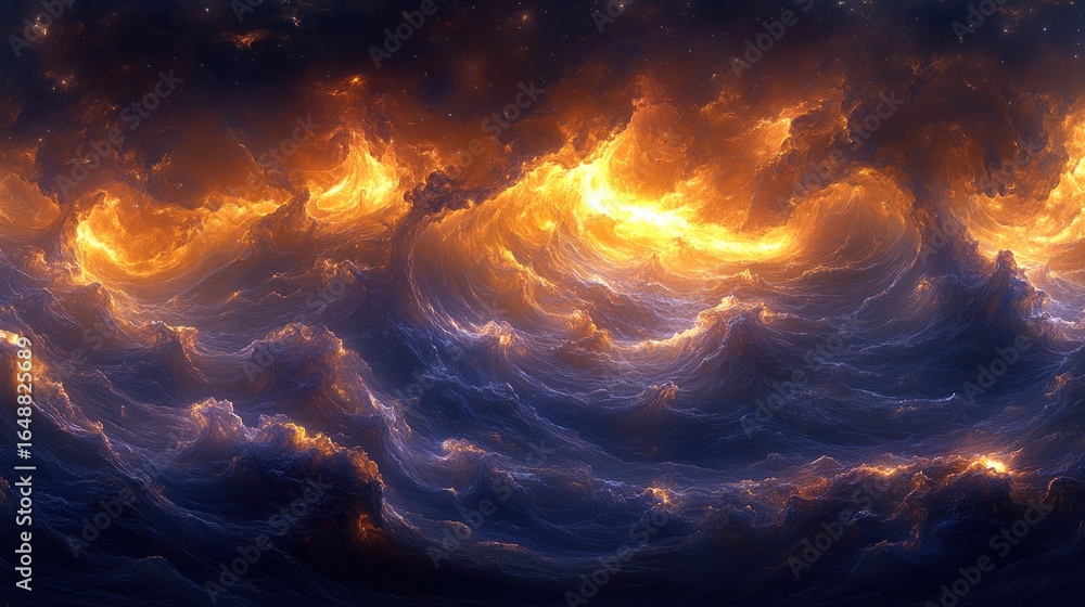 Celestial Inferno: Luminous Golden Clouds Over a Turbulent Cosmic Sea Celestial Inferno: Luminous Golden Clouds Over a Turbulent Cosmic Sea