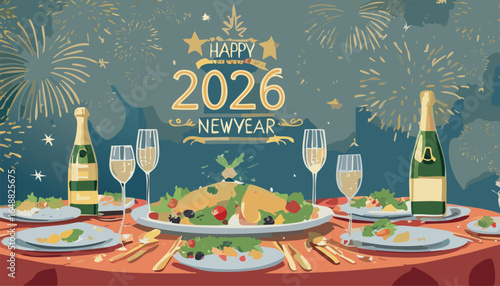 Elegant New Year 2026 celebration dinner with fireworks and champagne