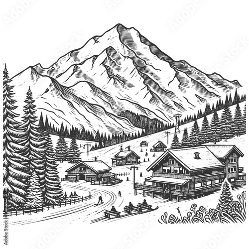 ski lodge surrounded by pine trees and mountains, with skiers on snowy slopes nearby sketch engraving generative ai fictional character vector illustration. Scratch board. Black and white image.