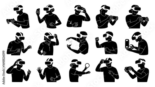 Diverse group of people wearing virtual reality headsets in various poses