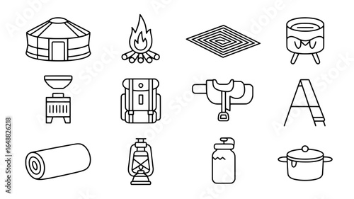 Collection of hand drawn camping and outdoor adventure icons