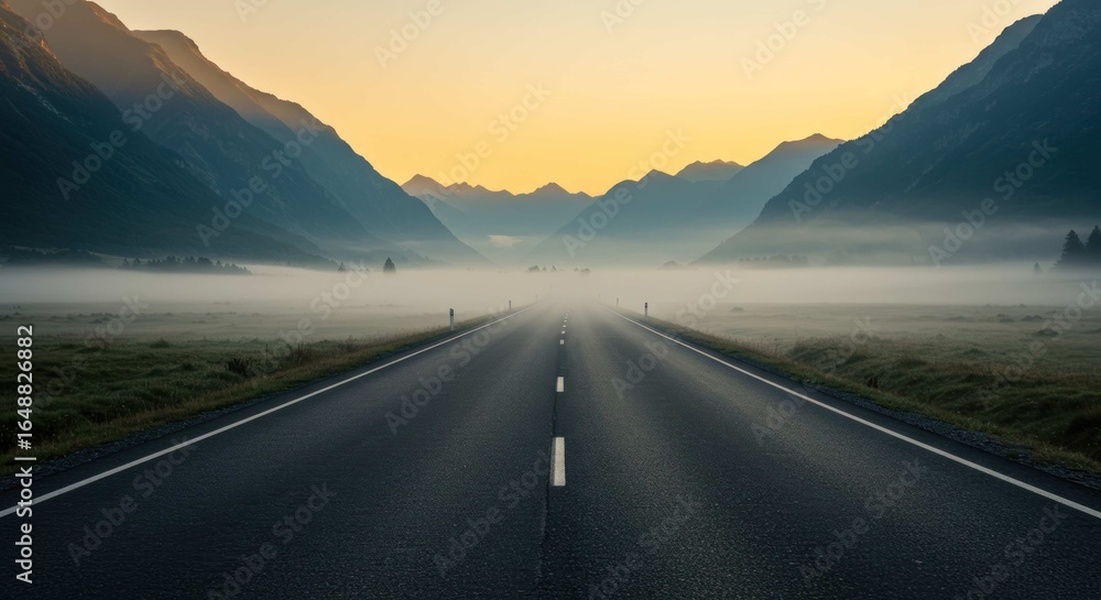 Naklejka premium Asphalt road stretches into distance with mountains and fog under a yellow sky.