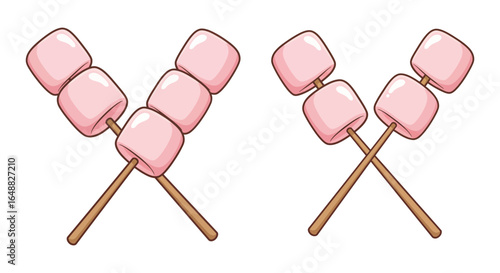 Two skewers of pink marshmallows on wooden sticks isolated on white