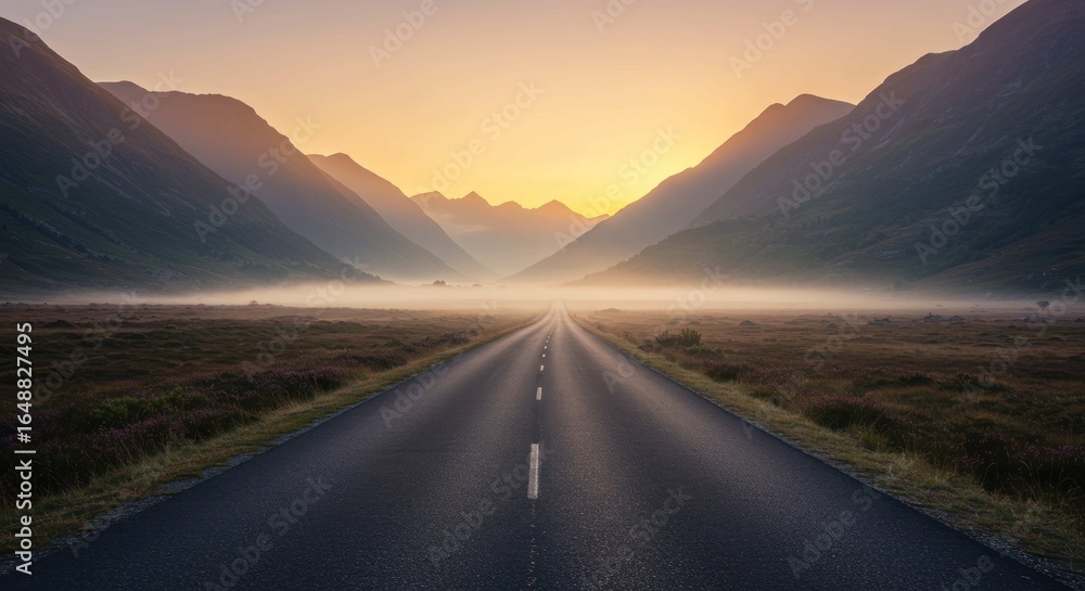 Fototapeta premium Road stretches toward mountains at sunrise with mist in the valley.