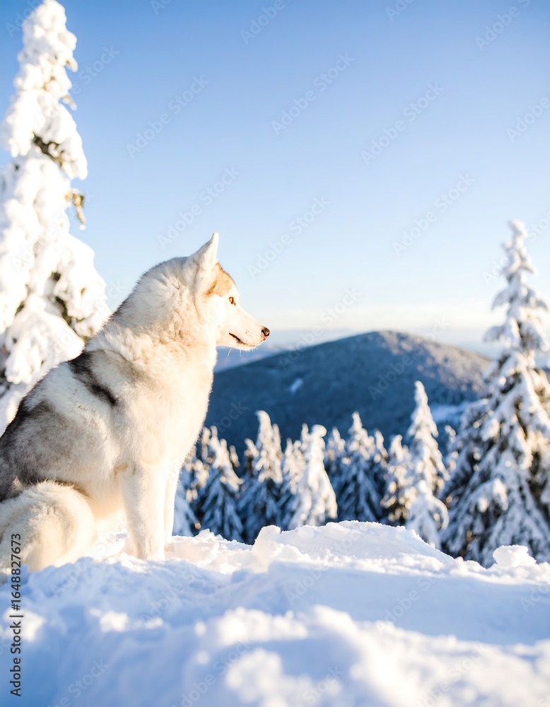 Fototapeta premium Husky dog on snowy mountaintop