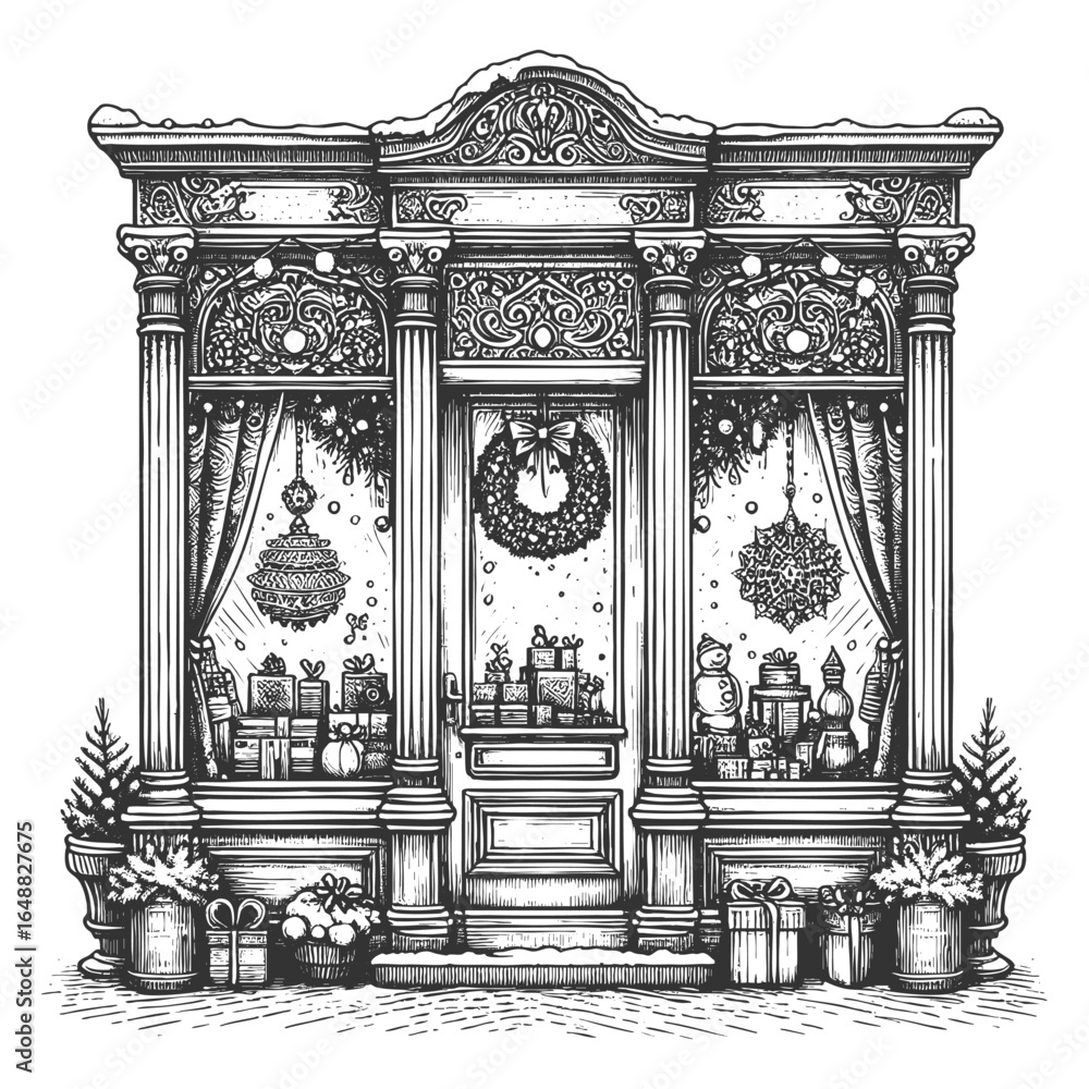 Fototapeta premium shop decorated for Christmas, featuring wreaths, reindeer figures, garlands, and wrapped gifts outside sketch engraving generative ai vector illustration. Scratch board. Black and white image.