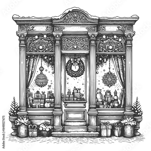 shop decorated for Christmas, featuring wreaths, reindeer figures, garlands, and wrapped gifts outside sketch engraving generative ai vector illustration. Scratch board. Black and white image.