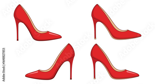 Four Red High Heel Shoes Arranged on a White Background for Fashion