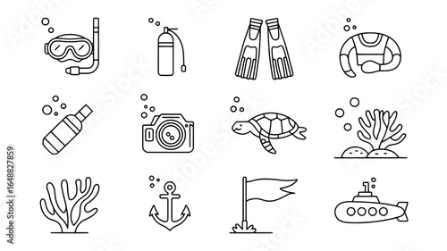 Collection of hand drawn scuba diving and underwater icons