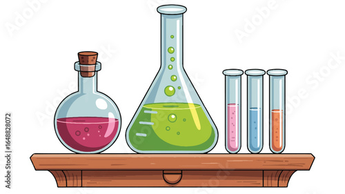 Cartoon Chemistry Set Flasks and Test Tubes on Wooden Shelf Illustration for Science Education and Laboratory Research with Pink Blue and Orange Solutions