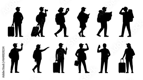 Silhouettes of travelers with luggage and cameras