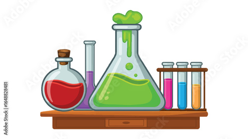 Cartoon Science Experiment with Colorful Liquids and Beakers on Wooden Shelf Vector Illustration for Educational Material and Presentations Perfect for Science Themed Projects