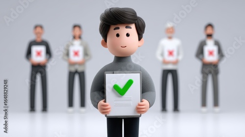 Best job candidate concept, A character holding a checklist with a checkmark and others behind him.
