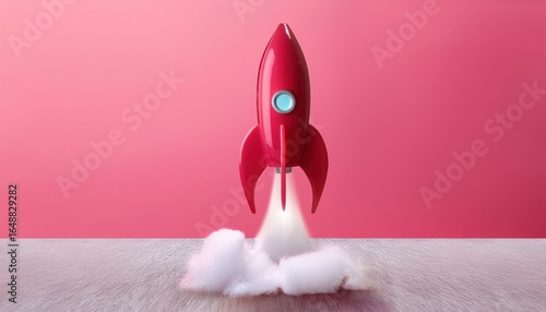 Rocket Launch Against Pink Background, Isolated Image for Business Start and Innovation