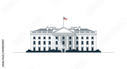 Minimalist White House Illustration with American Flag on White Background