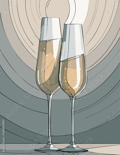 Two elegant champagne glasses with bubbles in a stylish background