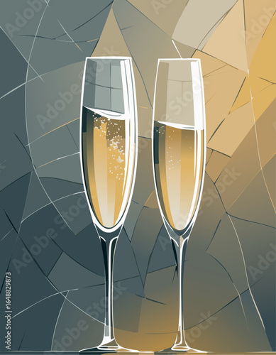 Two elegant champagne glasses with bubbles in a stylish background