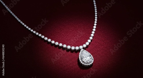Wallpaper Mural Diamond necklace with teardrop pendant on a dark red velvet background. Torontodigital.ca