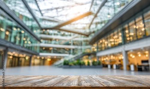 Wallpaper Mural Blurry modern office space with wooden table (1) Torontodigital.ca