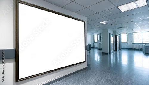 Hospital Corridor Featuring Blank White Picture Frame Mockup for Design and Art
