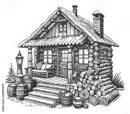 rustic log cabin with a front porch, hanging lanterns, and neatly stacked firewood sketch engraving generative ai vector illustration. Scratch board imitation. Black and white image.