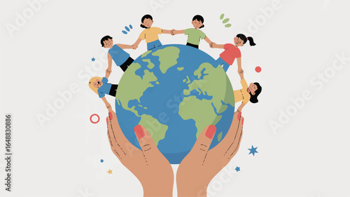 Children Holding Hands Around the World Globe Symbolizing Unity Peace and International Cooperation Showing Earth Day Concept and Global Community Engagement