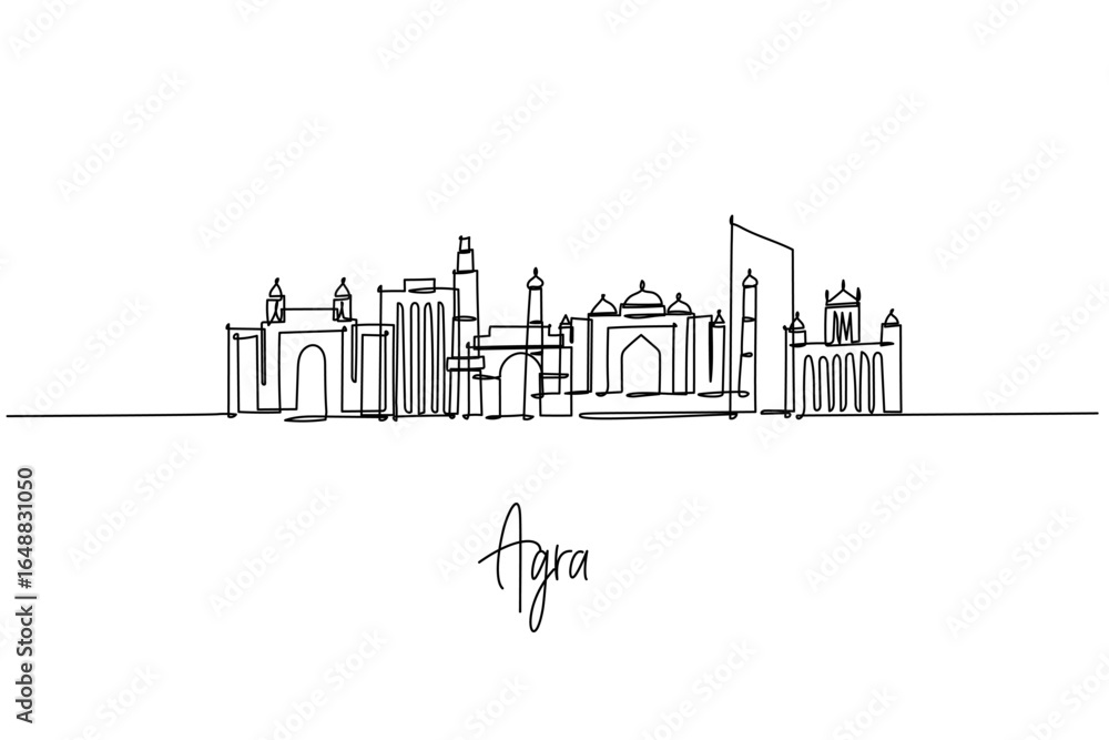 Fototapeta premium Agra India city skyline in a one line drawing, centered on the Taj Mahal with fort walls and Yamuna bridges shaping the horizon. Urban outline for travel posters and souvenirs of Mughal heritage.