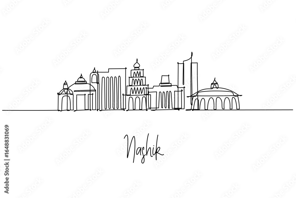 Fototapeta premium Nashik India city skyline in a single line drawing, featuring temples, vineyards and Godavari ghats on the horizon. Clean urban outline for travel branding inspired by Maharashtra wine country.