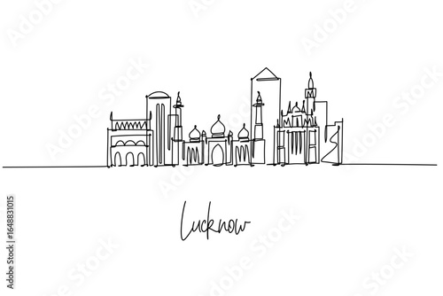 Lucknow India city skyline shown as a single line drawing, featuring Rumi Darwaza and Bara Imambara with modern towers on the Gomti Riverfront. Clean urban art for travel branding and decor.