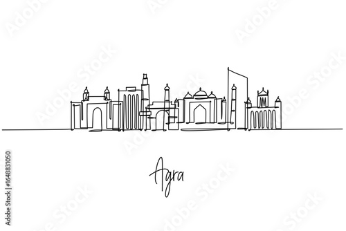 Agra India city skyline in a one line drawing, centered on the Taj Mahal with fort walls and Yamuna bridges shaping the horizon. Urban outline for travel posters and souvenirs of Mughal heritage.