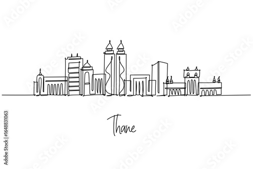 Thane India city skyline rendered as a continuous line drawing, mixing high rise towers with lakes, forts and temples beside Mumbai. Outline art for travel branding celebrating Maharashtra cityscape.