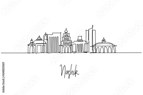 Nashik India city skyline in a single line drawing, featuring temples, vineyards and Godavari ghats on the horizon. Clean urban outline for travel branding inspired by Maharashtra wine country.