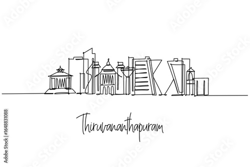 Thiruvananthapuram India city skyline in a single line drawing, merging temple gopurams, museums and modern IT towers by the Arabian Sea. Clean outline art for travel decor celebrating Kerala capital.