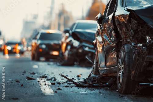 Damaged cars after a collision on a city street