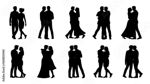 Silhouettes of couples dancing together in various poses